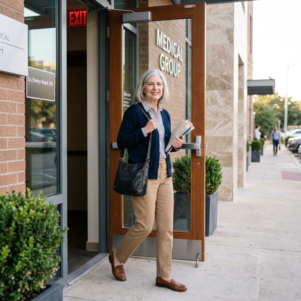 An older woman leaving a doctor's office, at ease